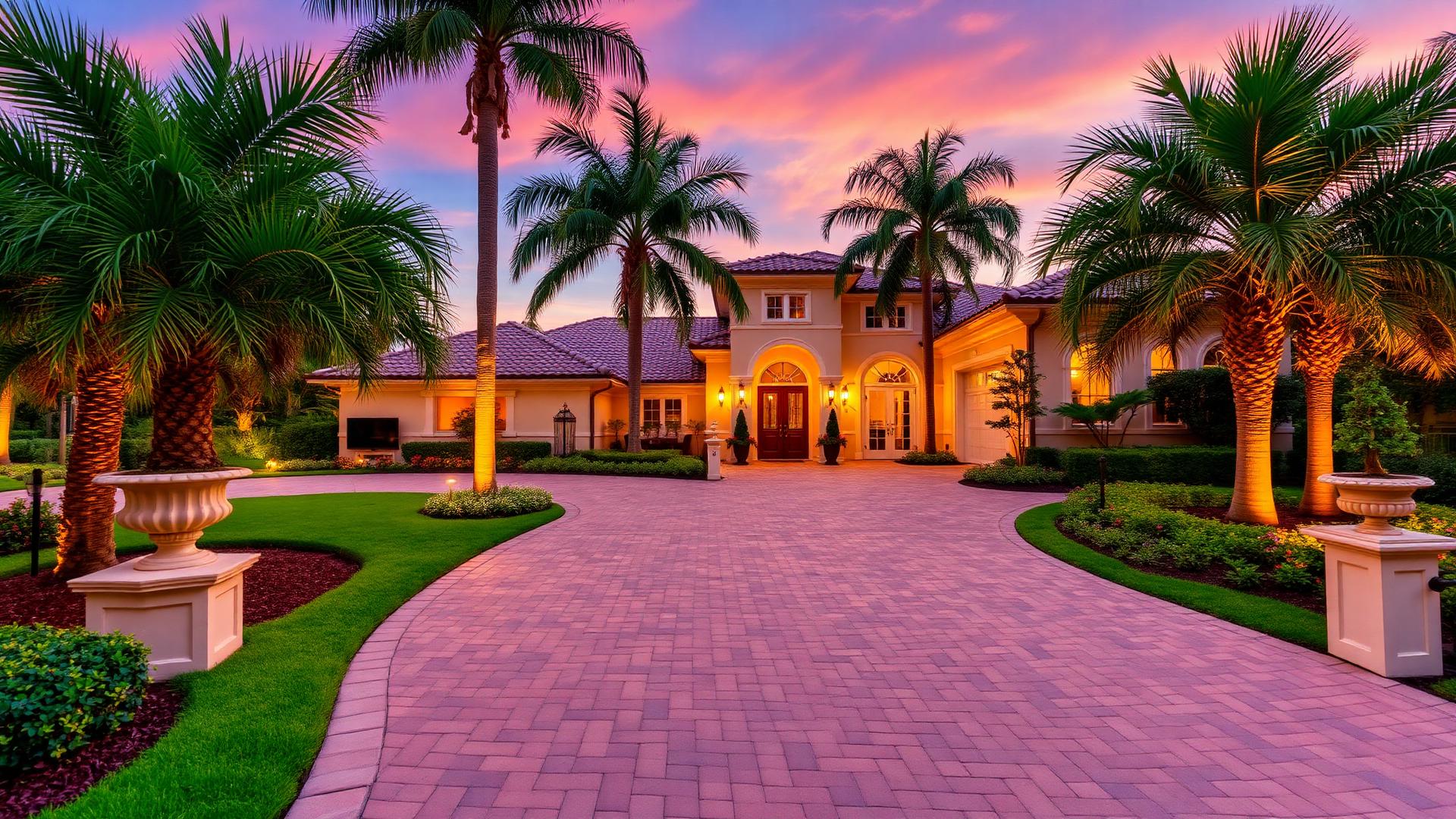 Luxury Florida paver driveway at sunset